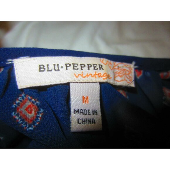 BLU PEPPER navy geometric peasant bead sheer blouse top WOMEN M - Picture 6 of 7